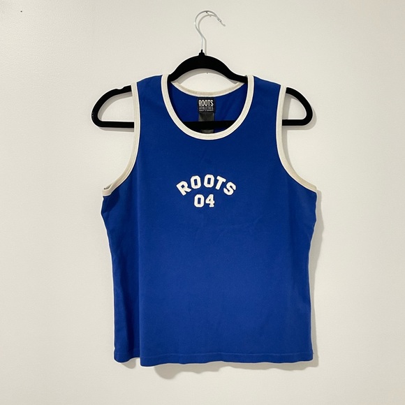 Roots Athletics Jersey Tank Top Patch Graphic Blue & White Muscle Tee - Picture 2 of 5